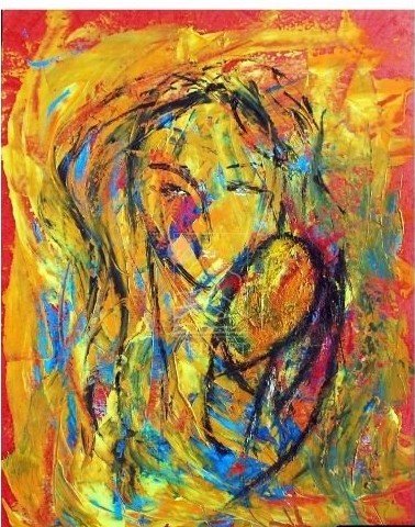 Adoration — abstract figure in yellow, red and blue acrylic