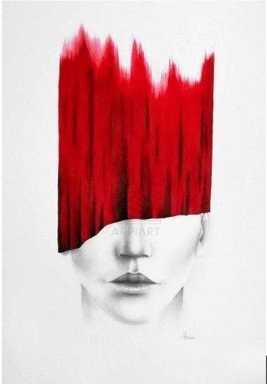 Behind the Curtain — red ink curtain over a graphite face