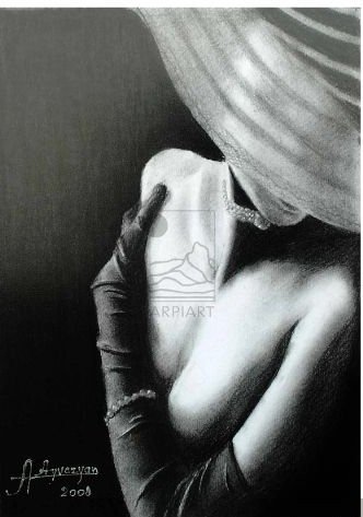 Grace — black and white pastel of a woman under a striped hat