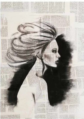 Her — charcoal profile of a woman on newspaper collage
