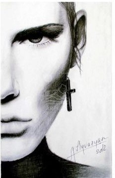 The Eagle Inside Me — graphite half-face portrait with cross earring