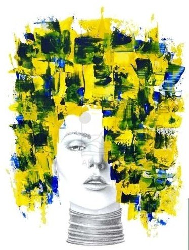 Woman in Green — portrait with expressive yellow and green acrylic hair